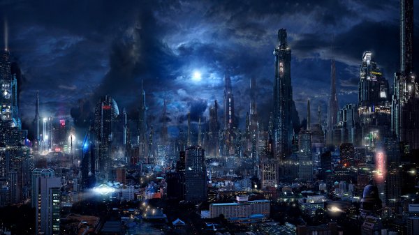 Skyscrapers Houses Fantastic world Megapolis Night
