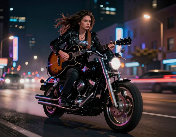 Девушка с гитарой на мотоцикле